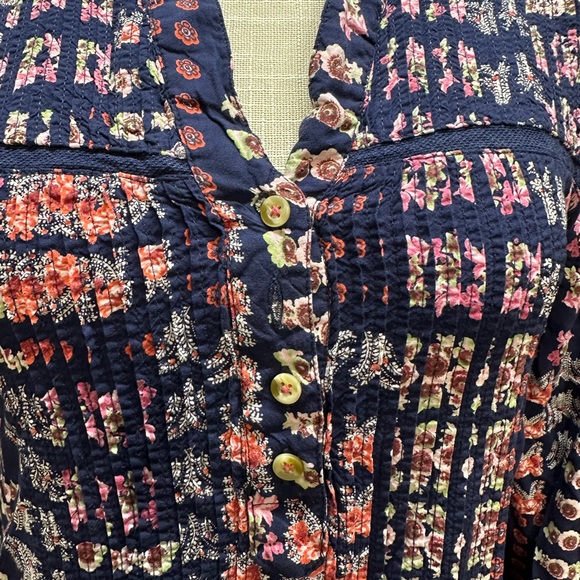 Anthropologie Blue Floral Patchwork Ruffled Hem Split Neck Midi Dress Size XXS - Picture 5 of 12